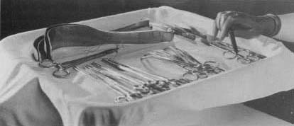 A tray of modern surgical instruments. The ancient Hindus used lancets to carry out cataract surgery, scalpels to restore amputated noses via plastic surgery, and sharp knives to remove bladder stones.